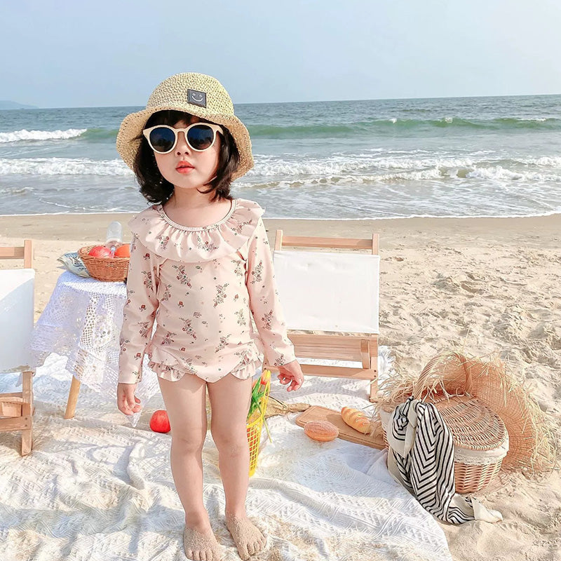 Girls' One-Piece Long Sleeve Swimsuit with Ruffled Hem