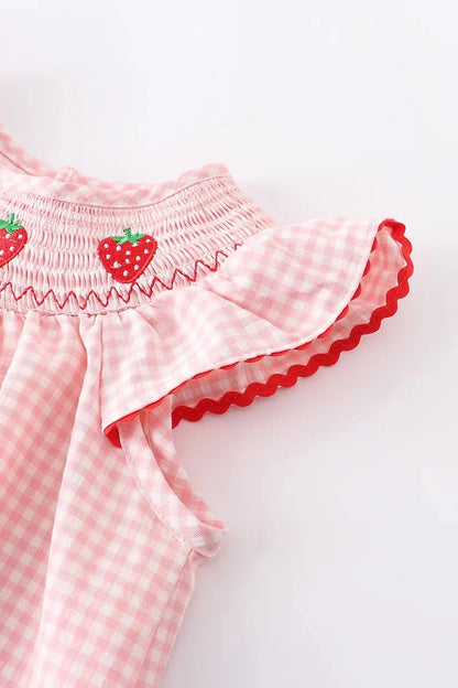 Girls Summer Strawberry Smocking Embroidered Dress