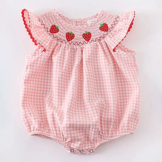 Girls Summer Strawberry Smocking Bubble Romper