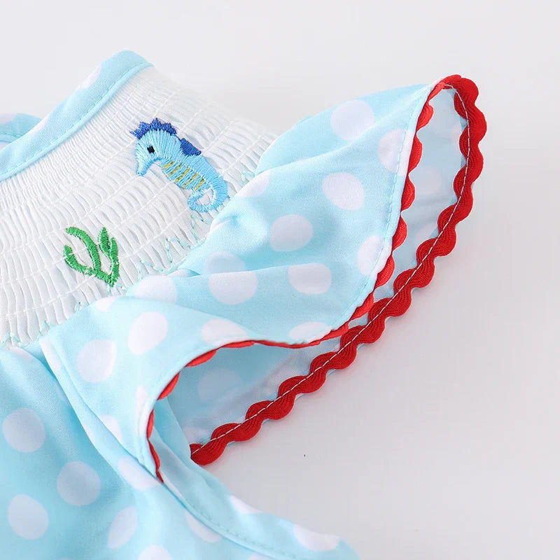 Baby Kids Sea Themed Embroidery Smocked Blue Dot Romper