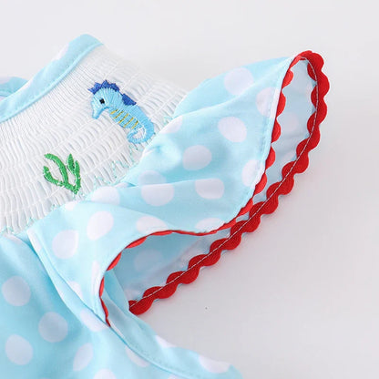 Baby Kids Sea Themed Embroidery Smocked Blue Dot Romper