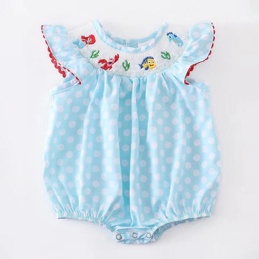 Baby Kids Sea Themed Embroidery Smocked Blue Dot Romper