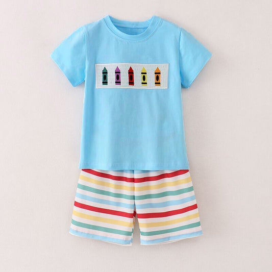 Boys Back To School Blue Pencil Smocked Short Set