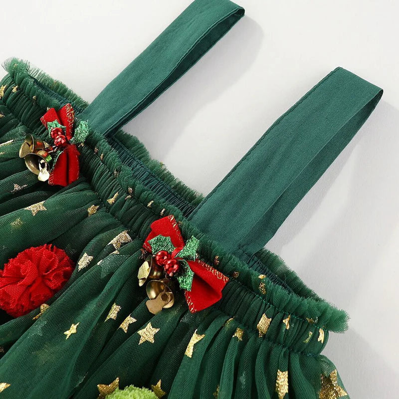 Christmas Pom Pom Green Tulle Ruffled Fashion Slip Dress