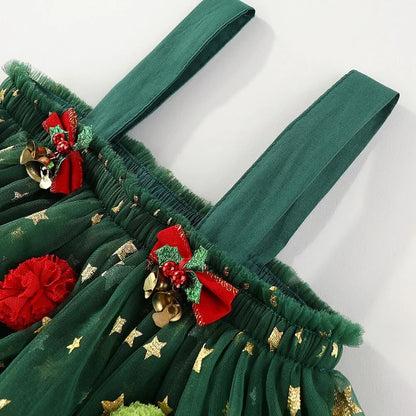 Christmas Pom Pom Green Tulle Ruffled Fashion Slip Dress