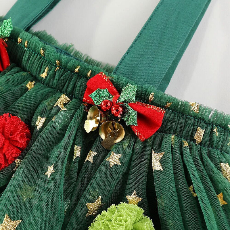 Christmas Pom Pom Green Tulle Ruffled Fashion Slip Dress