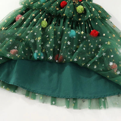 Christmas Pom Pom Green Tulle Ruffled Fashion Slip Dress