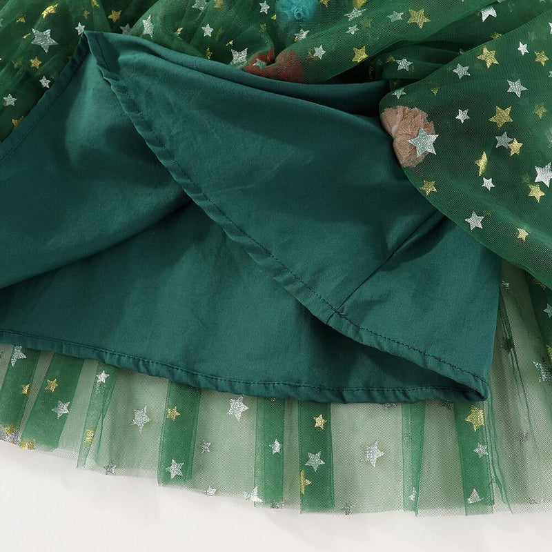 Christmas Pom Pom Green Tulle Ruffled Fashion Slip Dress
