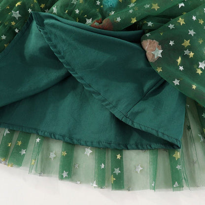 Christmas Pom Pom Green Tulle Ruffled Fashion Slip Dress