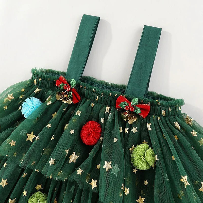 Christmas Pom Pom Green Tulle Ruffled Fashion Slip Dress