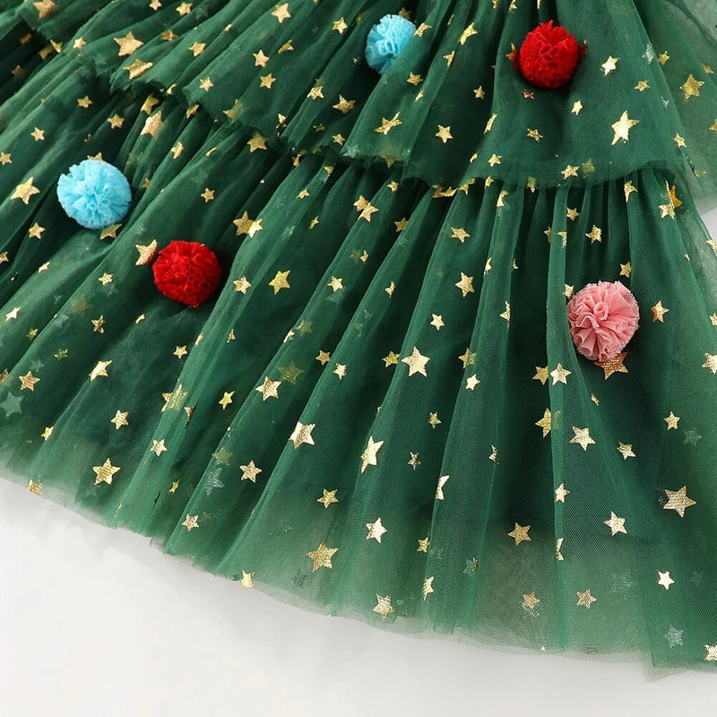 Christmas Pom Pom Green Tulle Ruffled Fashion Slip Dress