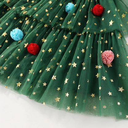 Christmas Pom Pom Green Tulle Ruffled Fashion Slip Dress