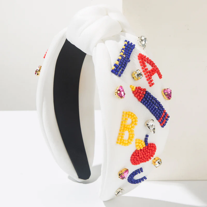 Back To School Headband Seed Beads Rhinestones Pearl Knot