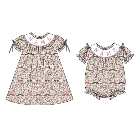 Girls Custom Name Embroidery Smock Pink Floral Fall Dress & Bubble