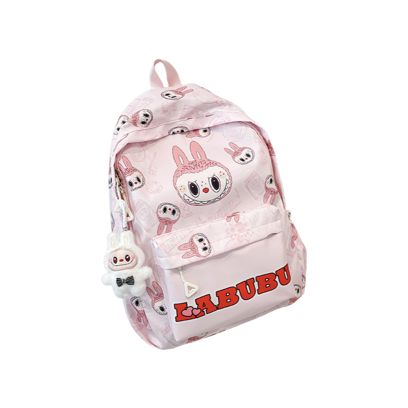 Labubu Trendy Print Large Backpack Back To School Bag With Keychain Charm