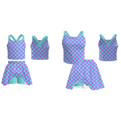Mommy And Me Blue Purple Plaid Summer Athletic Skirt Set