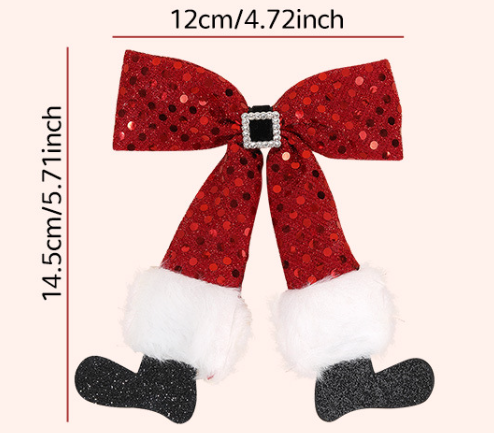 Girls Christmas 2025 Hair Clips – Red Sequin Bow & Pom-Pom with Santa Boot Design