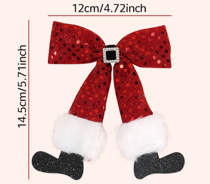 Girls Christmas 2025 Hair Clips – Red Sequin Bow & Pom-Pom with Santa Boot Design