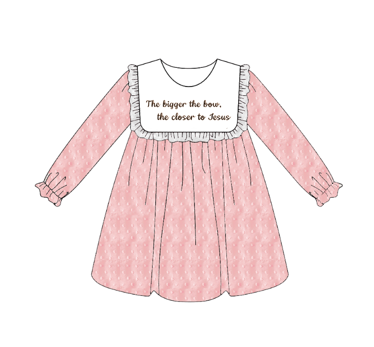 Girls’ Long Sleeve Dress with Embroidered Lettering – Polka Dot Jacquard Mesh