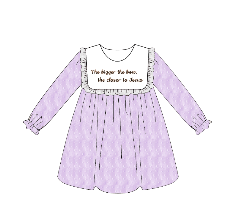 Girls’ Long Sleeve Dress with Embroidered Lettering – Polka Dot Jacquard Mesh