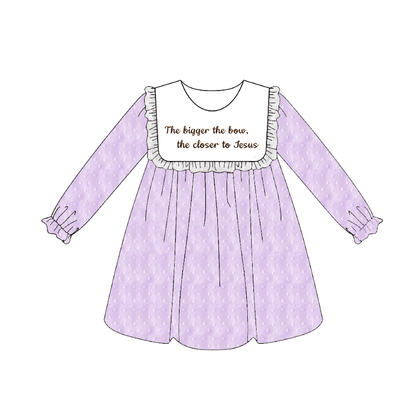 Girls’ Long Sleeve Dress with Embroidered Lettering – Polka Dot Jacquard Mesh