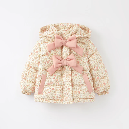 New Winter Girls’ Floral Hooded Coat with Bow, Thick Fleece-Lined Warm Jacket for Kids