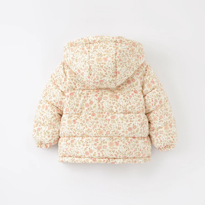 New Winter Girls’ Floral Hooded Coat with Bow, Thick Fleece-Lined Warm Jacket for Kids