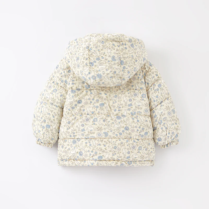 New Winter Girls’ Floral Hooded Coat with Bow, Thick Fleece-Lined Warm Jacket for Kids
