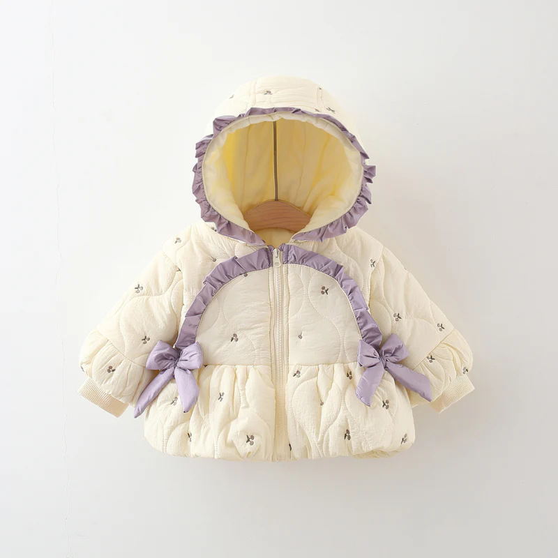 Winter Girls’ Quilted Cotton Jacket with Bow Embroidery, Fleece-Lined and Thickened Half-Round Coat