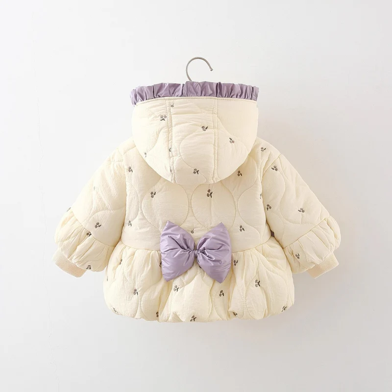 Winter Girls’ Quilted Cotton Jacket with Bow Embroidery, Fleece-Lined and Thickened Half-Round Coat