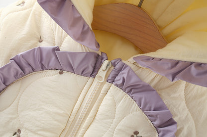 Winter Girls’ Quilted Cotton Jacket with Bow Embroidery, Fleece-Lined and Thickened Half-Round Coat
