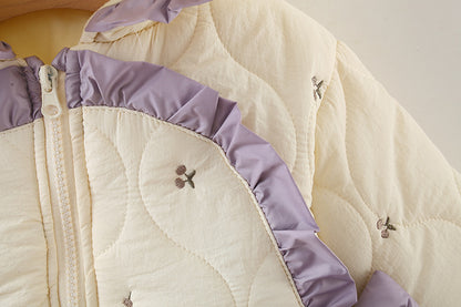 Winter Girls’ Quilted Cotton Jacket with Bow Embroidery, Fleece-Lined and Thickened Half-Round Coat