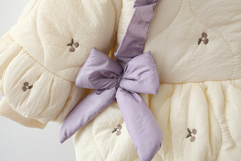 Winter Girls’ Quilted Cotton Jacket with Bow Embroidery, Fleece-Lined and Thickened Half-Round Coat