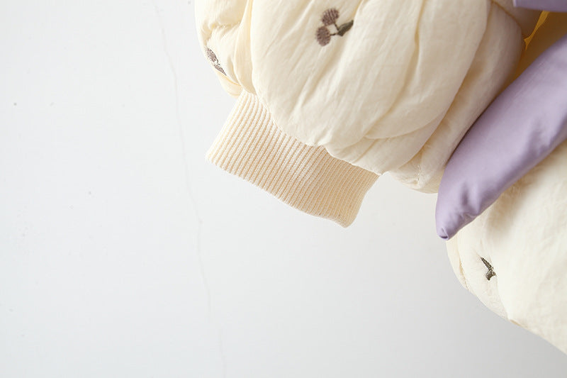 Winter Girls’ Quilted Cotton Jacket with Bow Embroidery, Fleece-Lined and Thickened Half-Round Coat