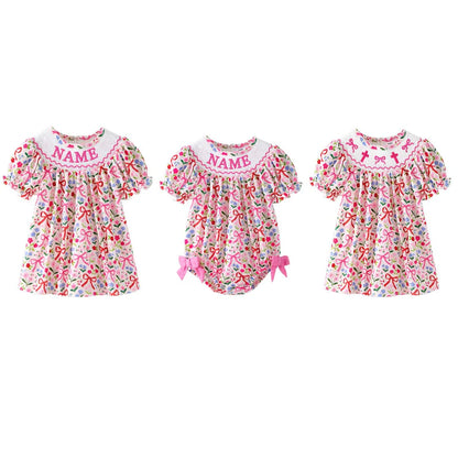 Spring Summer Smocked Embroidery Floral Print Dress with Custom Name – Girls Boutique Bishop Dress