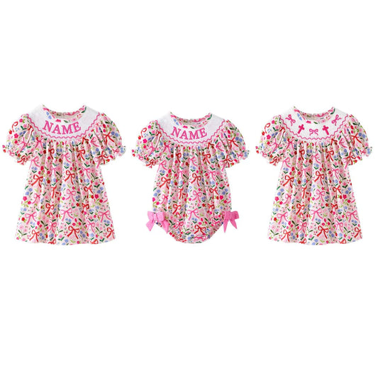 Spring Summer Smocked Embroidery Floral Print Dress with Custom Name – Girls Boutique Bishop Dress