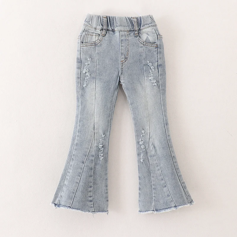 Girls Flare Jeans – Boutique Denim Bell Bottom Pants with Bow, Floral, Rhinestone & Distressed Details