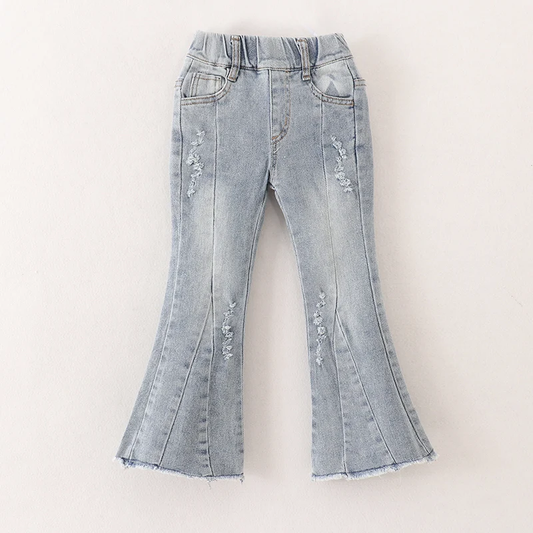 Girls Flare Jeans – Boutique Denim Bell Bottom Pants with Bow, Floral, Rhinestone & Distressed Details