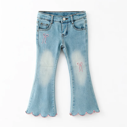 Girls Flare Jeans – Boutique Denim Bell Bottom Pants with Bow, Floral, Rhinestone & Distressed Details