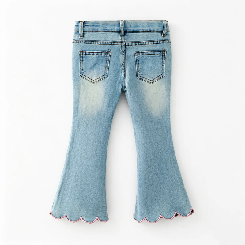 Girls Flare Jeans – Boutique Denim Bell Bottom Pants with Bow, Floral, Rhinestone & Distressed Details