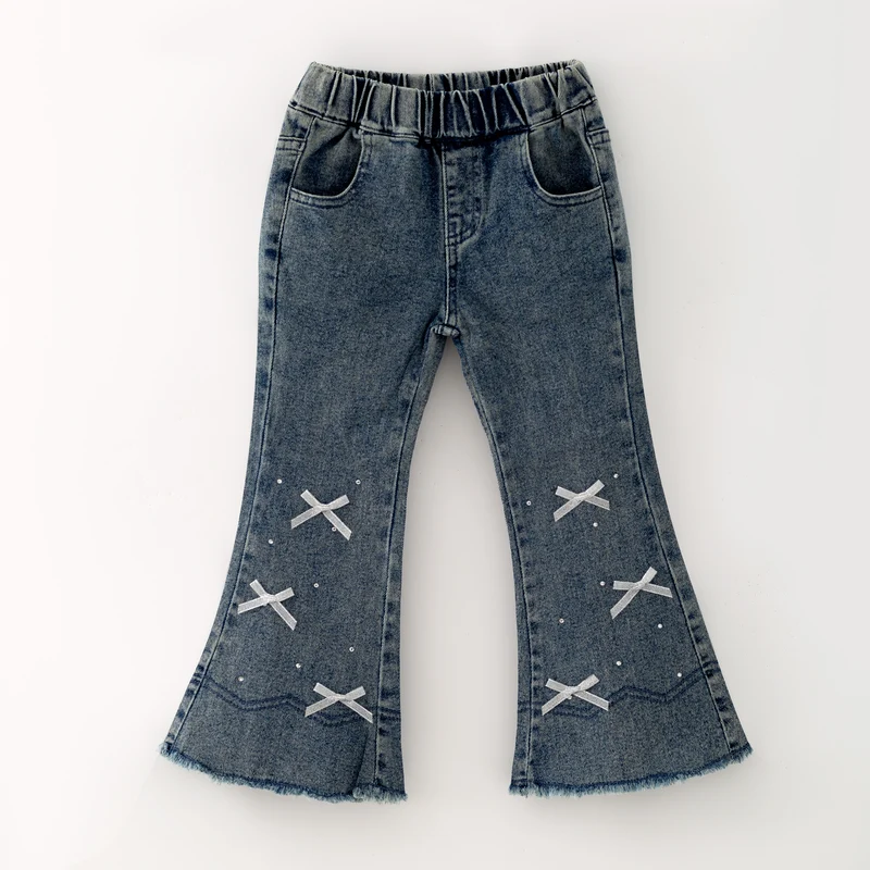 Girls Flare Jeans – Boutique Denim Bell Bottom Pants with Bow, Floral, Rhinestone & Distressed Details