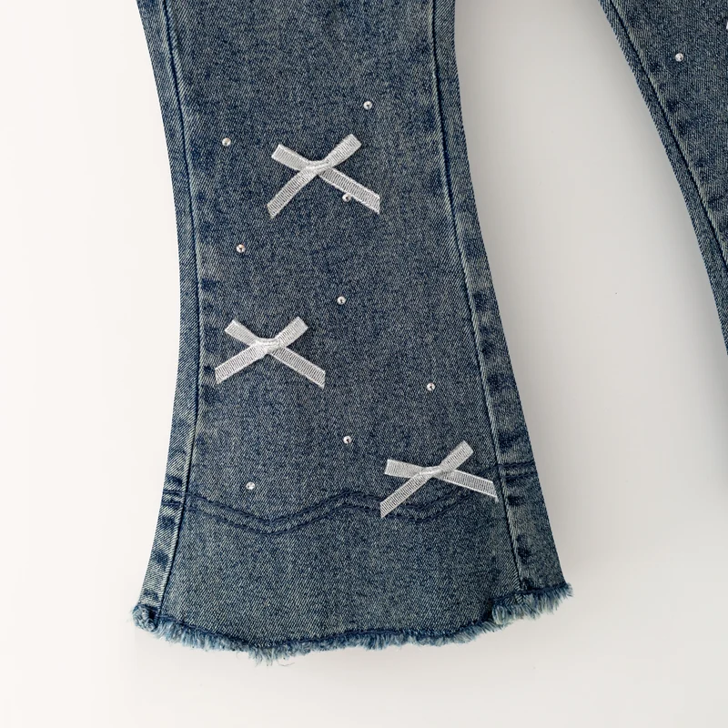 Girls Flare Jeans – Boutique Denim Bell Bottom Pants with Bow, Floral, Rhinestone & Distressed Details