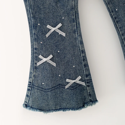 Girls Flare Jeans – Boutique Denim Bell Bottom Pants with Bow, Floral, Rhinestone & Distressed Details