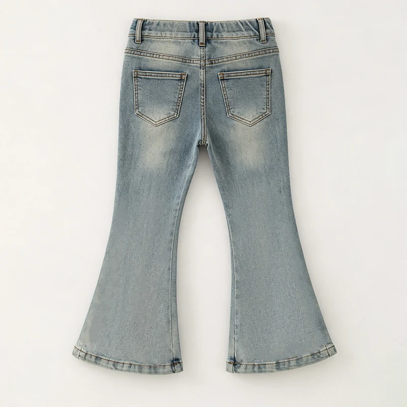 Girls Flare Jeans – Boutique Denim Bell Bottom Pants with Bow, Floral, Rhinestone & Distressed Details