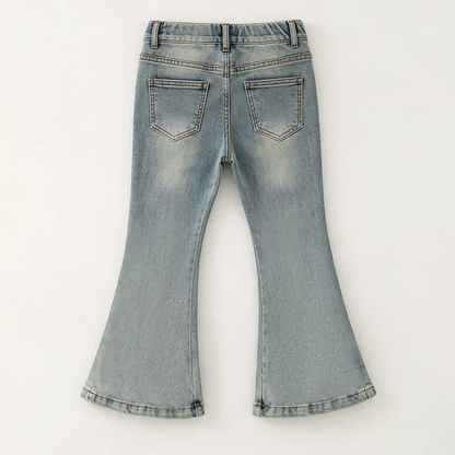 Girls Flare Jeans – Boutique Denim Bell Bottom Pants with Bow, Floral, Rhinestone & Distressed Details