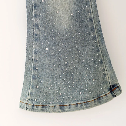 Girls Flare Jeans – Boutique Denim Bell Bottom Pants with Bow, Floral, Rhinestone & Distressed Details