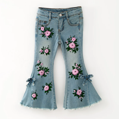 Girls Flare Jeans – Boutique Denim Bell Bottom Pants with Bow, Floral, Rhinestone & Distressed Details