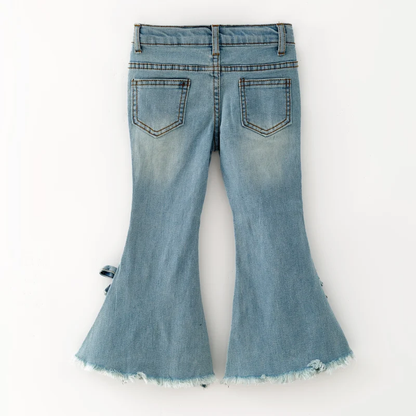 Girls Flare Jeans – Boutique Denim Bell Bottom Pants with Bow, Floral, Rhinestone & Distressed Details