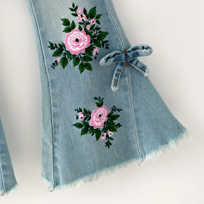 Girls Flare Jeans – Boutique Denim Bell Bottom Pants with Bow, Floral, Rhinestone & Distressed Details