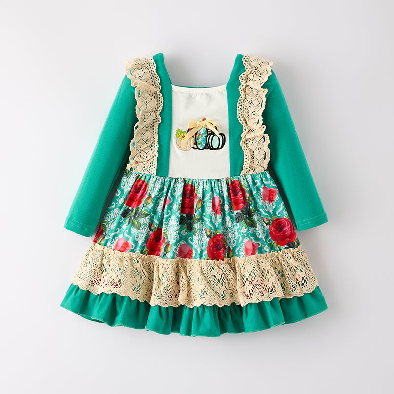 Girls Fall Pumpkin Floral Lace Long Sleeves Dress